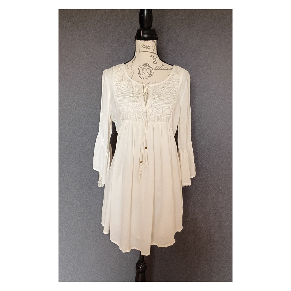 Boho Lace Bell Sleeve Tassel Mini Dress Ivory White Size M Cottagecore Rayon